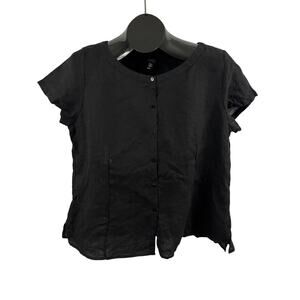 Eileen Fisher Black 100% Irish Linen Button Blouse Top Cap Sleeves LARGE